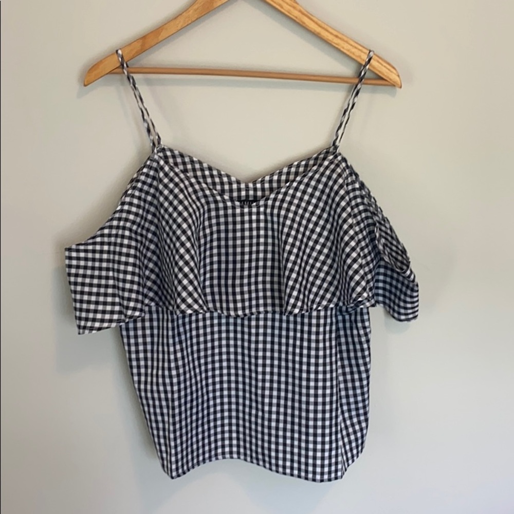 Black and white checkered off the shoulder top